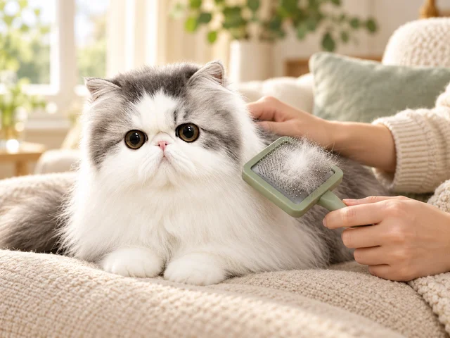 White long-haired cat being brushed