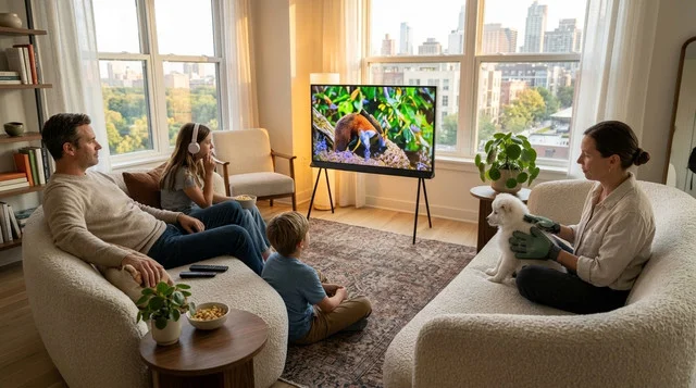 Family in a living room with a small white dog