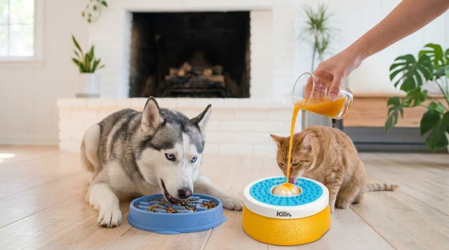 Husky and orange cat at their feeding bowls in a living room