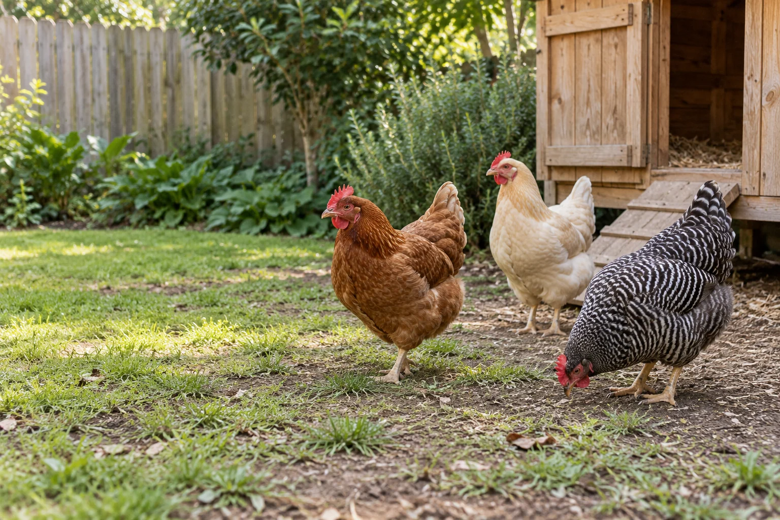 Three backyard hens beside a timber chicken coop