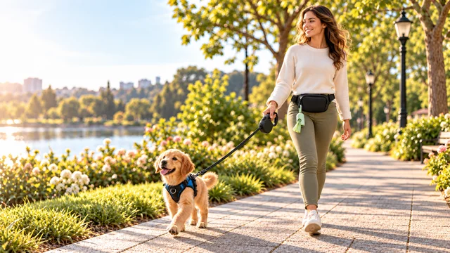 Woman walking a small dog by a lake